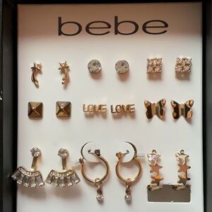 Bebe earrings in box with 9 pairs of earrings